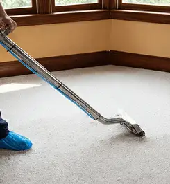 Steam carpet cleaning technician using a hot-water extraction wand on a residential carpet, wearing blue protective shoe covers West Palm Beach, FL.